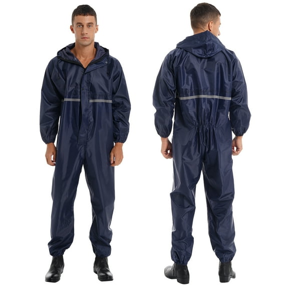 iiniim Mens One Piece Rain Suit Reusable Waterproof Hooded Raincoat Reflective Zipper Jumpsuit Overalls M-4XL