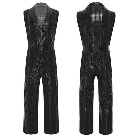iiniim Mens Retro 1920s Disco Jumpsuit Lapel V Neck Wide Leg Bodysuit Metallic Shiny Plaid Romper for Clubwear Black 3XL