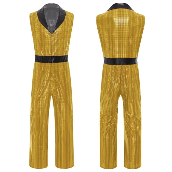 iiniim Mens Retro 1920s Disco Jumpsuit Lapel V Neck Wide Leg Bodysuit Metallic Shiny Plaid Romper for Clubwear Gold 3XL