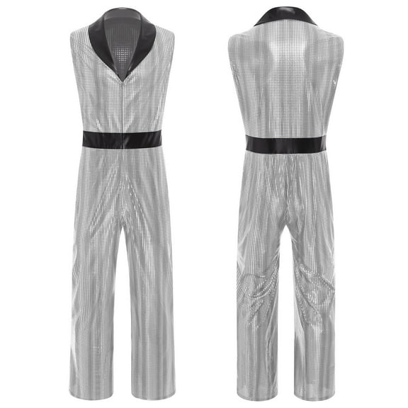 iiniim Mens Retro 1920s Disco Jumpsuit Lapel V Neck Wide Leg Bodysuit Metallic Shiny Plaid Romper for Clubwear Silver XXL