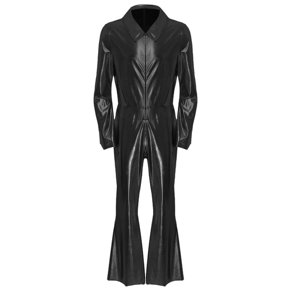 iiniim Mens Shiny Metallic Disco Party Jumpsuit Full Body Bodysuit Flare Pants Bell-bottoms Hippie Rompers Black XXL