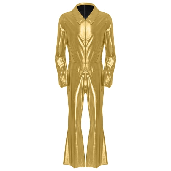iiniim Mens Shiny Metallic Disco Party Jumpsuit Full Body Bodysuit Flare Pants Bell-bottoms Hippie Rompers Gold M