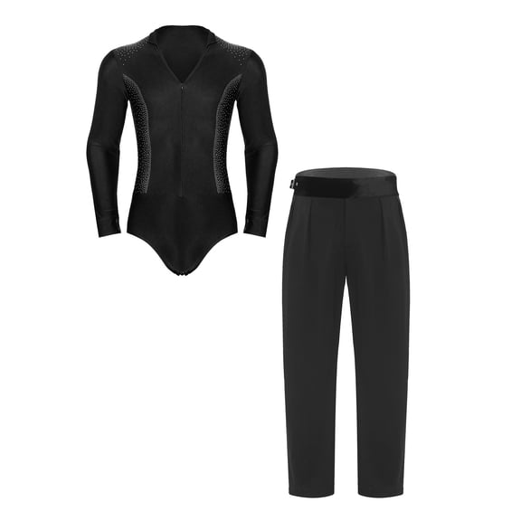 iiniim Mens Shiny Rhinestone Latin Tango Dance Shirt With Long Pants Ballroom Modern Dancewear Black 3XL