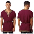 thumbnail image 1 of iiniim Mens Short Sleeve Retro Pattern Trims Robe Medieval Renaissance Shirt Tops with Belt Size S-3XL A Burgundy XL, 1 of 7