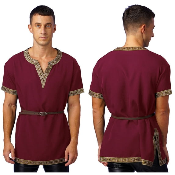 iiniim Mens Short Sleeve Retro Pattern Trims Robe Medieval Renaissance Shirt Tops with Belt Size S-3XL A Burgundy XL