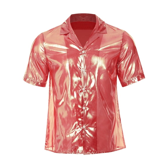 iiniim Mens Short Sleeve Shiny Button up Blouse T Shirt for Party and Clubbing Hot Pink 3XL