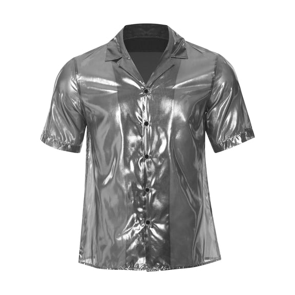 iiniim Mens Short Sleeve Shiny Button up Blouse T Shirt for Party and Clubbing Silver S