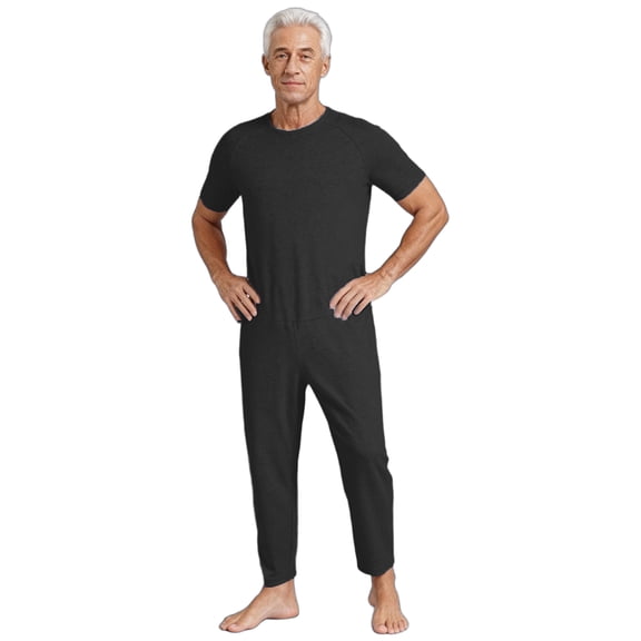 iiniim Mens Special Needs Clothing Back Zipper Jumpsuit Breathable Cotton Adaptive Wear for Seniors Elderly Black XL