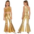 thumbnail image 1 of iiniim Metallic Sequins Jazz Dance Outfits for Girls 2pcs Ruffle Crop Top with Slit Flared Pants Prom Party Wear Gold 16, 1 of 7
