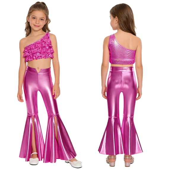 iiniim Metallic Sequins Jazz Dance Outfits for Girls 2pcs Ruffle Crop Top with Slit Flared Pants Prom Party Wear Hot Pink 8