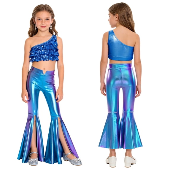iiniim Metallic Sequins Jazz Dance Outfits for Girls 2pcs Ruffle Crop Top with Slit Flared Pants Prom Party Wear Royal Blue 14
