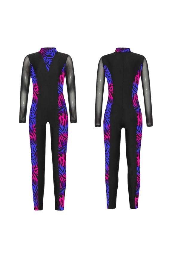 One-piece Kids Girls Full Body Sport Jumpsuit Long Sleeve Bodysuit Dance Yoga Gymnastic Unitard Blue Leopard 12