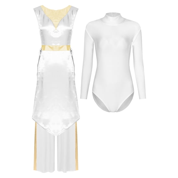 iiniim Praise Dance Outfit for Women 3 Piece Suit Long Sleeve Unitard Lace-up Overlay Tunic Wide Leg Pants White XXL