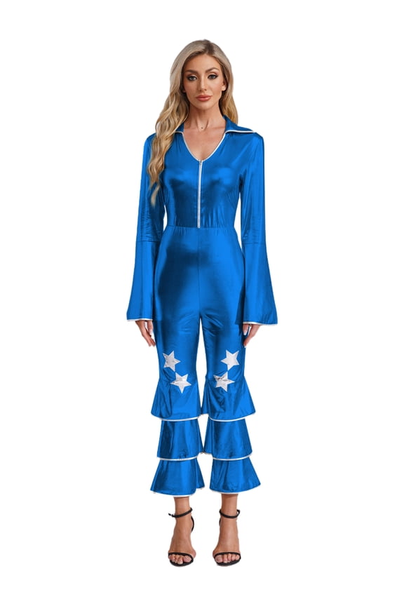 Retro 70s Disco Costume for Women 70s Outfits Shiny Movie Star Flare Jumpsuit Hippie Rompers Royal Blue S