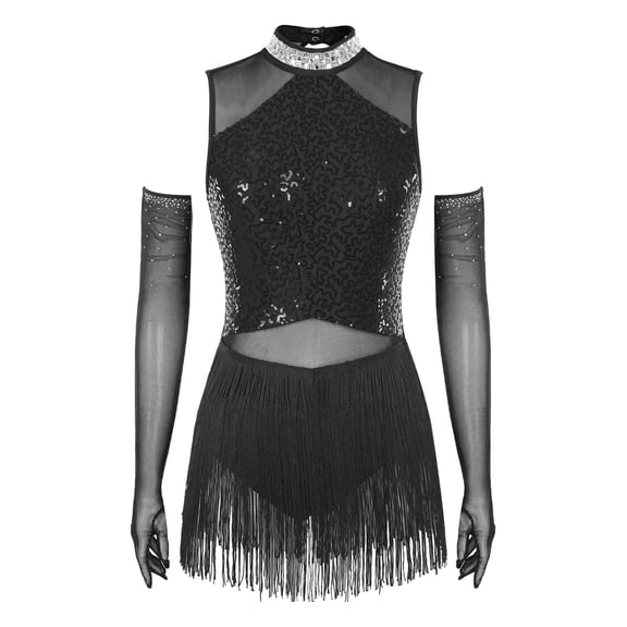 iiniim Sequin Fringe Latin Dance Costume for Womens Glitter Tango Rumba Leotard Dress with Gloves Black S