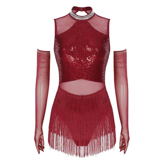 iiniim Sequin Fringe Latin Dance Costume for Womens Glitter Tango Rumba Leotard Dress with Gloves Burgundy S