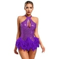 thumbnail image 1 of iiniim Sequins Leotard for Women Feathers Cocktail Ballroom Rumba Salsa Dance Dress Bodysuit Tops Purple M, 1 of 7