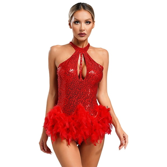 iiniim Sequins Leotard for Women Feathers Cocktail Ballroom Rumba Salsa Dance Dress Bodysuit Tops Red L