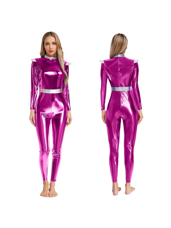 Shiny Metallic Alien Costume for Women Full Body Catsuit Halloween Outfit Hot Pink S