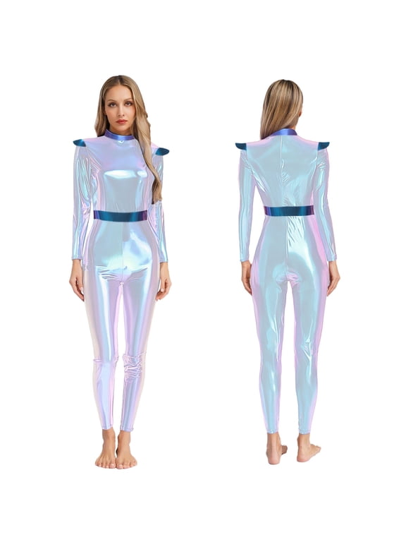 Shiny Metallic Alien Costume for Women Full Body Catsuit Halloween Outfit Shiny Silver S