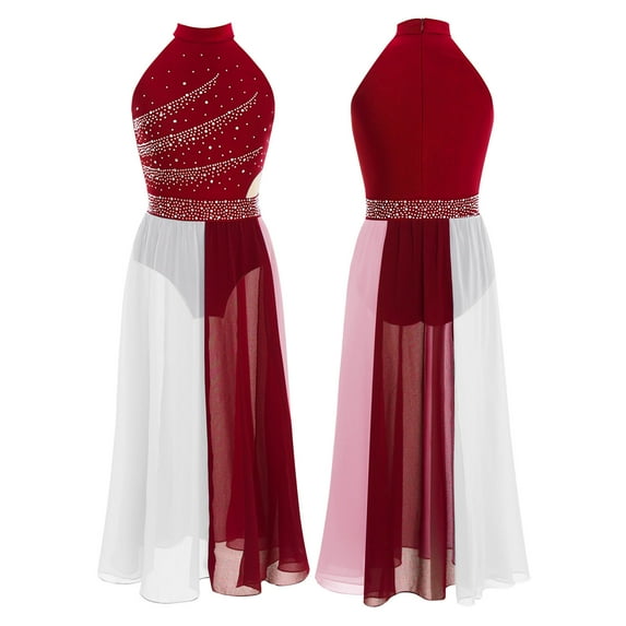 iiniim Sleeveless Flowy Skirt for Girls Ballet Leotard Dress Modern Ballerina Color Block Lyrical Dancewear Burgundy 10