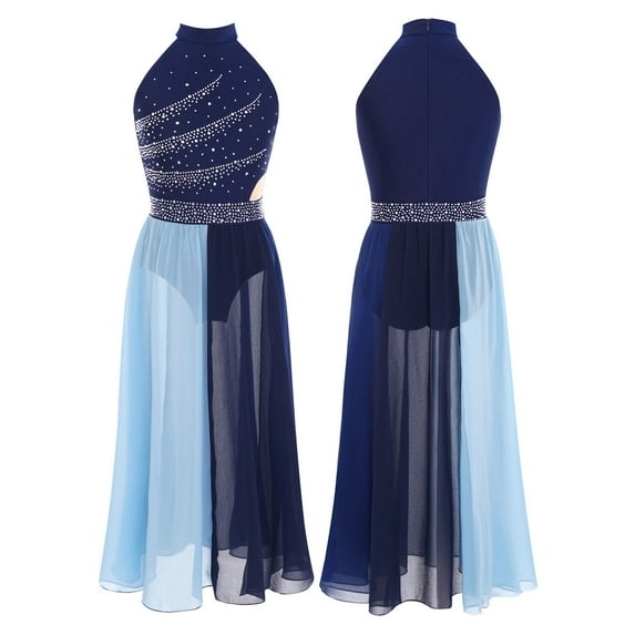 iiniim Sleeveless Flowy Skirt for Girls Ballet Leotard Dress Modern Ballerina Color Block Lyrical Dancewear Navy Blue 12