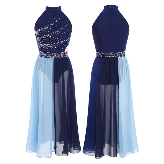 iiniim Sleeveless Flowy Skirt for Girls Ballet Leotard Dress Modern Ballerina Color Block Lyrical Dancewear Navy Blue 8