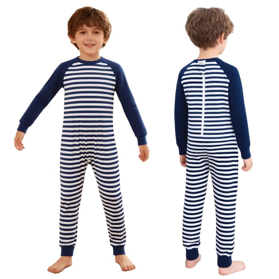 iiniim Special Needs Adaptive Clothing Anti-strip Striped Romper Boys Girls Long Leg Zip Back Jumpsuit Navy Blue 14