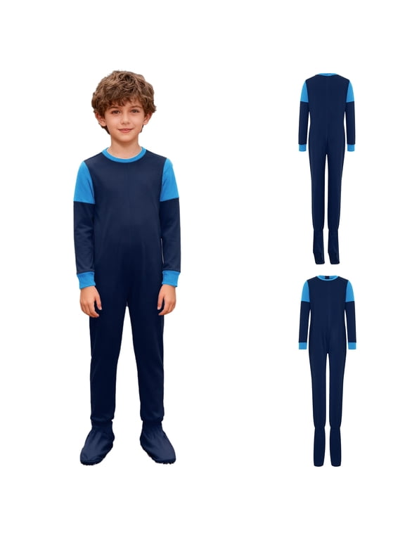 Special Needs Adaptive Clothing Boys Girls Long Sleeve Full Zip Back Anti-Strip Footed Jumpsuit Dark Blue 6