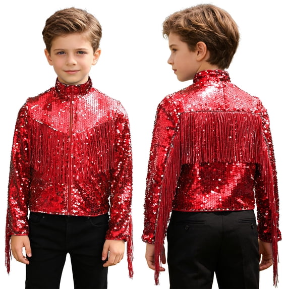 iiniim Tassel Boys Sequin Jackets Mock Neck Jacket Zip Up Coat Sparkle Outwear Performance Clothes Red 14