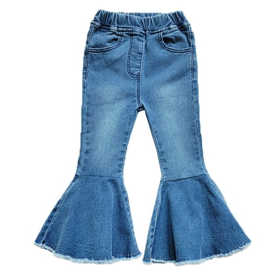 iiniim Toddler Baby Girl Ruffle Denim Jeans High Waist Bell-Bottoms Ruffle Trousers Flare Pants