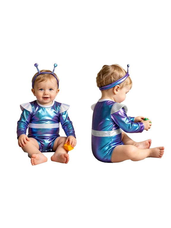 Toddler Space Explorer Romper Baby Boys Girls Alien Outfit with Antenna Headband Sparkly Playsuit Blue 12-18M