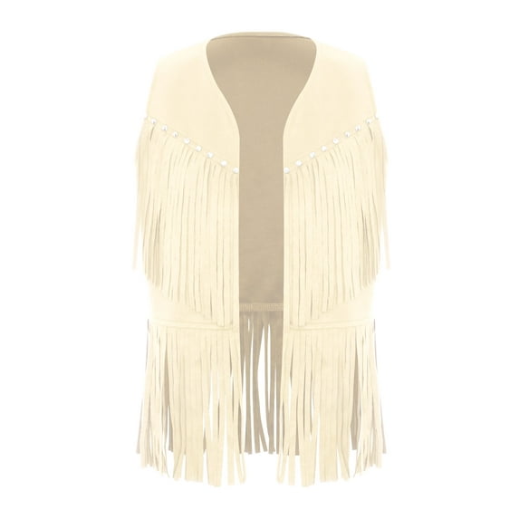 iiniim Western Cowboy Fringe Vest for Girls Tassels Jackets Halloween Rodeo Party Cosplay Cowgirl Beige Apricot 8