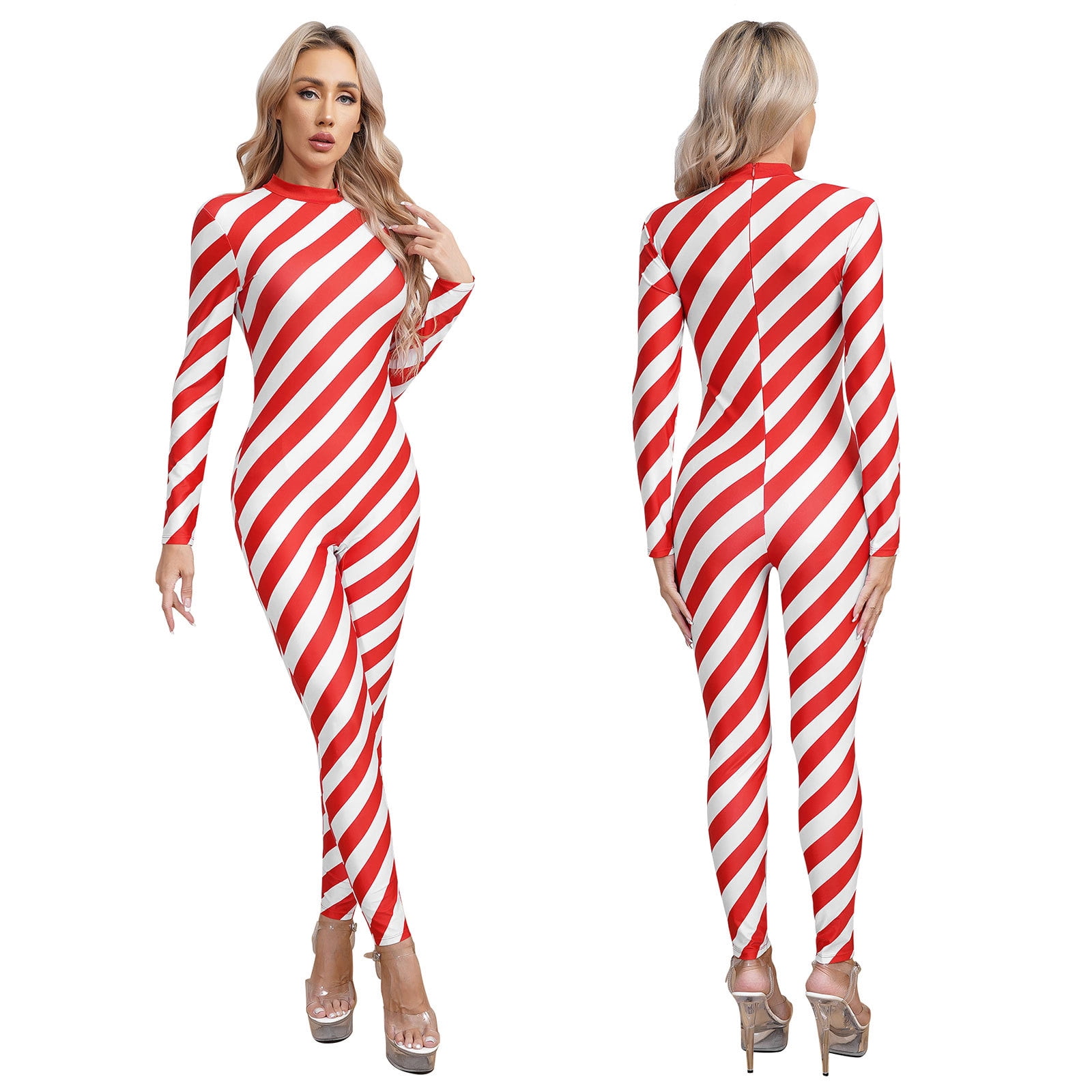 iiniim Woman Candy Cane Costume Christmas Striped Bodysuit Full