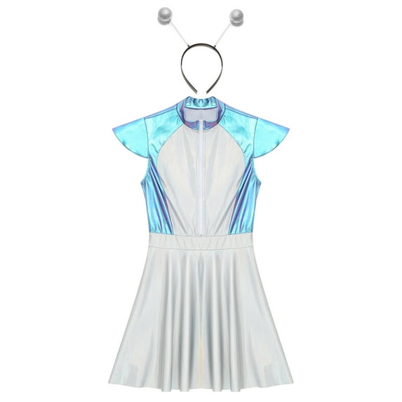 iiniim Women Metallic Aline Shiny Cap Sleeve Flared Mini Skater Dress Space Cadet Costume with Hair Hoop Blue M