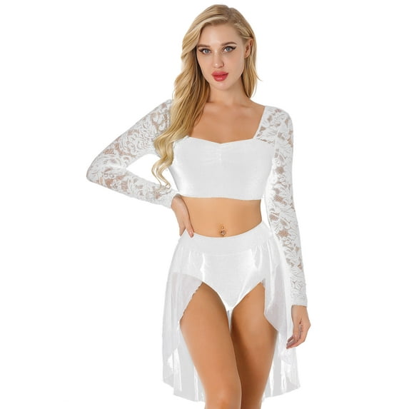 iiniim Women 2 Piece Lyrical Ballet Dance Floral Lace Crop Top Asymmetrical Mesh Tulle Skirt Dancwear White L