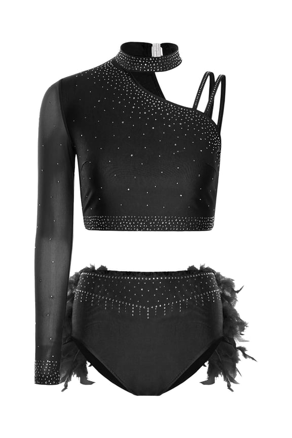 Women's Lyrical Jazz Dance Outfits One Shoulder Crop Top with Feather Briefs Skirt Dancewear Black L