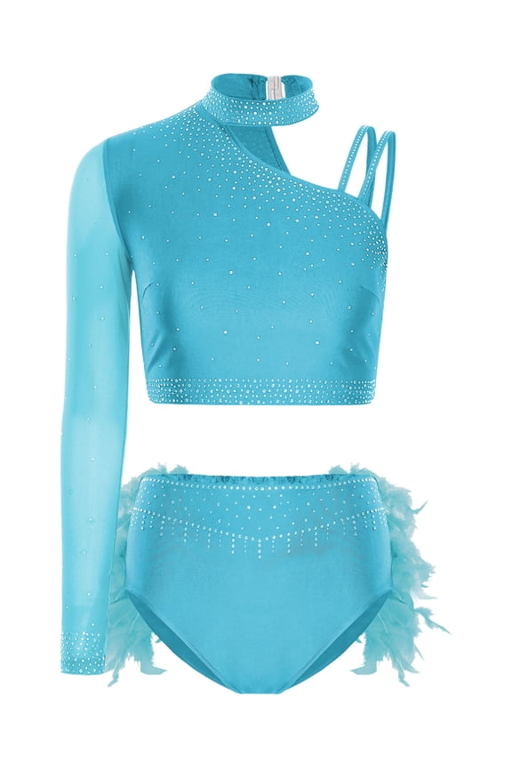 Women's Lyrical Jazz Dance Outfits One Shoulder Crop Top with Feather Briefs Skirt Dancewear Sky Blue S