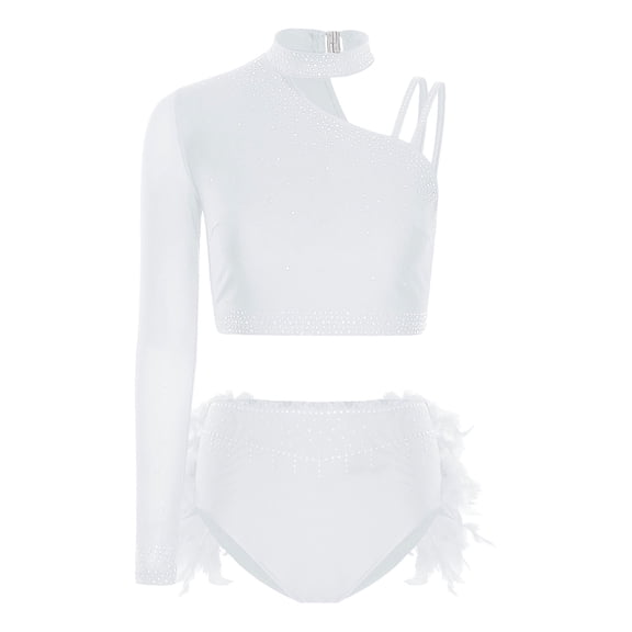 iiniim Women's Lyrical Jazz Dance Outfits One Shoulder Crop Top with Feather Briefs Skirt Dancewear White S