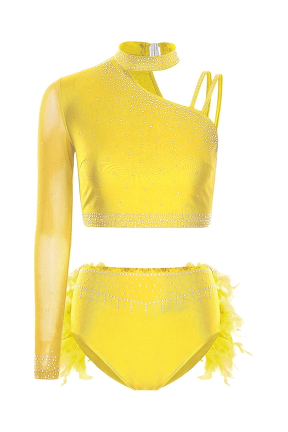 Women's Lyrical Jazz Dance Outfits One Shoulder Crop Top with Feather Briefs Skirt Dancewear Yellow L