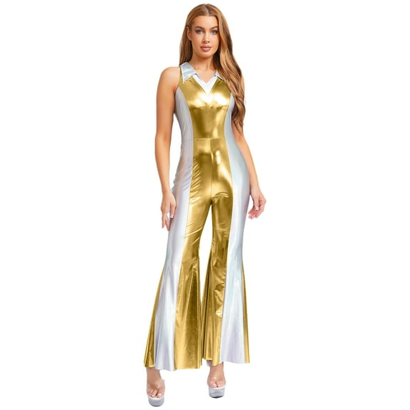 iiniim Women 70s Shiny Disco Prom Jumpsuit Music Festival Raves Party Hippie Costume Flared Long Pants Gold M