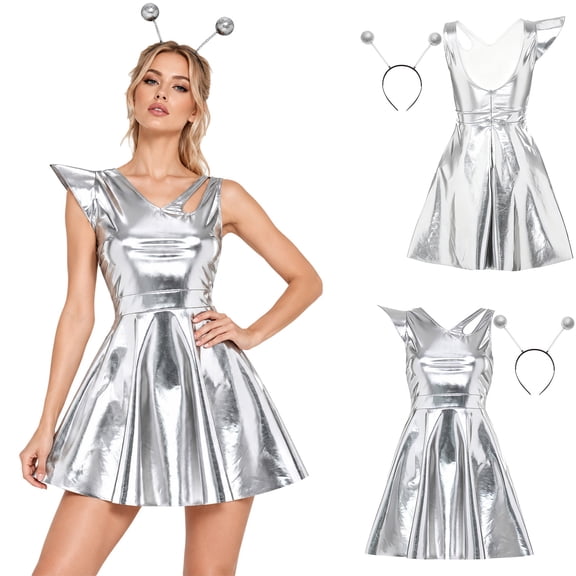 iiniim Women Alien Cosplay Asymmetrical Shoulder Fly Sleeve V Neck Backless A-line Dress with Hair Hoop for Space Themed Party Silver XL