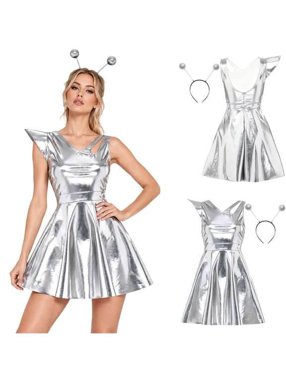 Women Alien Cosplay Asymmetrical Shoulder Fly Sleeve V Neck Backless A-line Dress with Hair Hoop for Space Themed Party Silver XL
