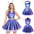 thumbnail image 1 of iiniim Women Alien Cosplay Lapel V Neck Sleeveless A-line Hem Tulle Layers Metallic Dress with Hair Hoop for Role-playing Theme Party Stage Dance Blue 3XL, 1 of 7