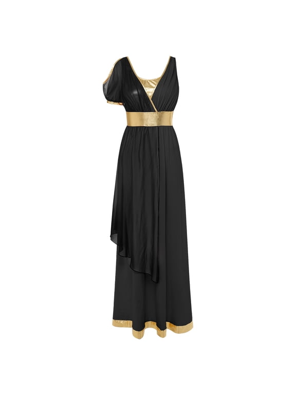 Women Ancient Greek Worship Prayer Tunic Dress Cold Shoulder Short Sleeve Asymmetrical Toga Dress for Halloween Party Black S