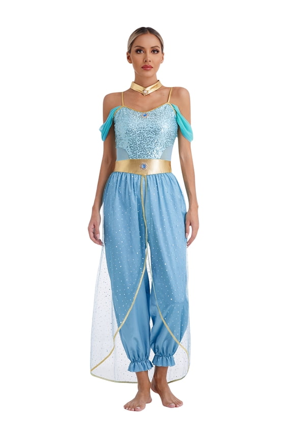 Women Arabian Princess Sequins Belly Dance Jumpsuits Halloween Party Blue M