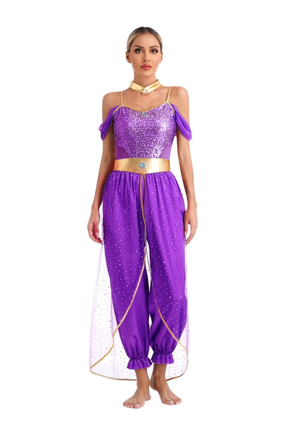 Women Arabian Princess Sequins Belly Dance Jumpsuits Halloween Party Purple 4XL