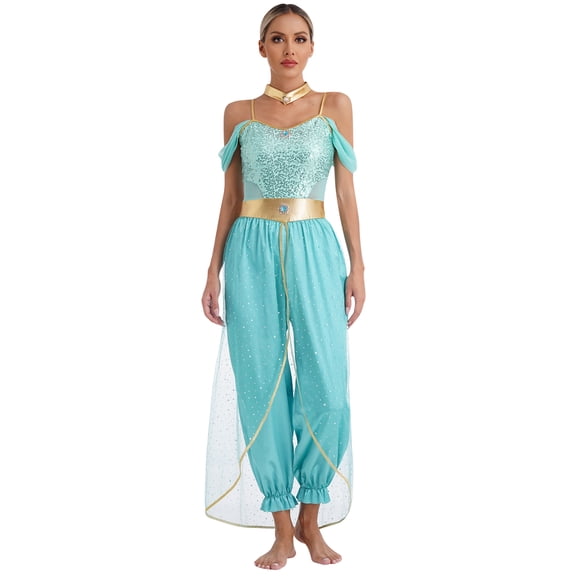 iiniim Women Arabian Princess Sequins Belly Dance Jumpsuits Halloween Party Turquoise S