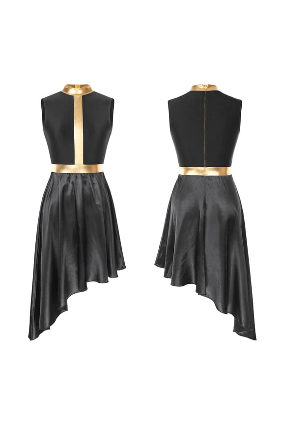 Women Asymmetrical Hem Sleeveless Dance Dress Lyrical Latin Cha Cha Performance Costume Black S