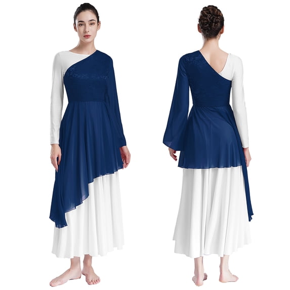iiniim Women's Praise Dance Worship Tunic One Shoulder Flared Sleeve Asymmetrical Hem Dresses Navy Blue L